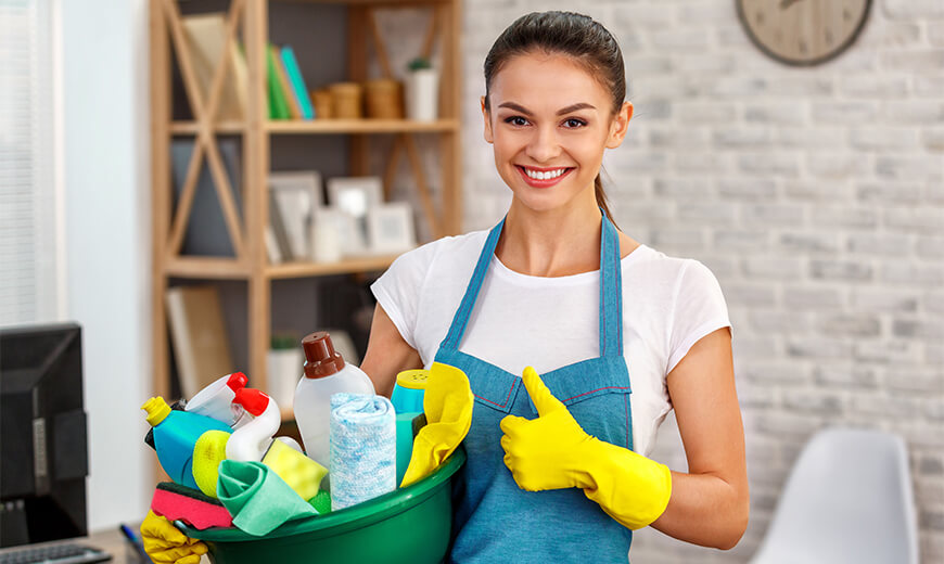 Domestic Cleaning Lady Smiling Hold Products